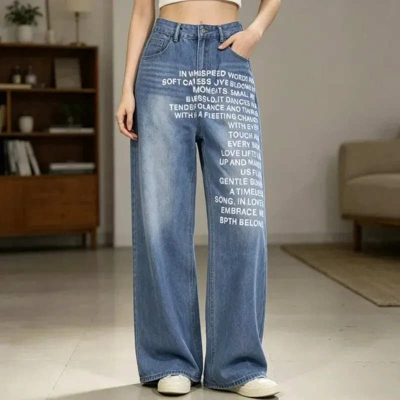 American Retro Men Alphabet Patterned Letter Jeans High Street Clothing Y2K Goth Women Unisex Baggy Casual Wide Leg Mopping Pant — image 5