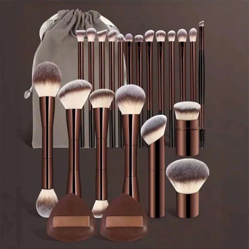 22-piece professional makeup tool set including a velvet storage bag 20 soft long aluminum tube brushes + 2 powder puff — image 1