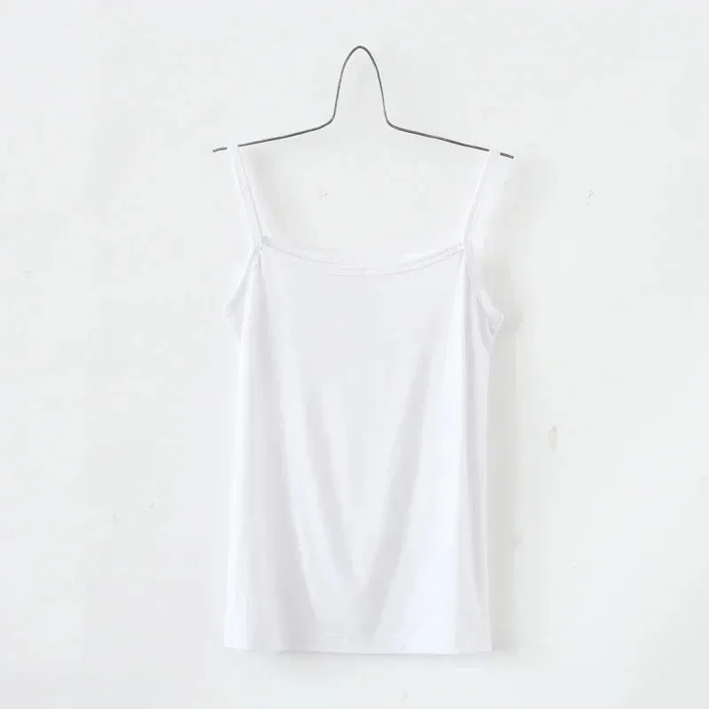 Women's Solid Color Spaghetti Straps Sleeveless Slim Camisole with Chest Pad Cotton Summer Wear Outside Female Short Tops Vests — image 11
