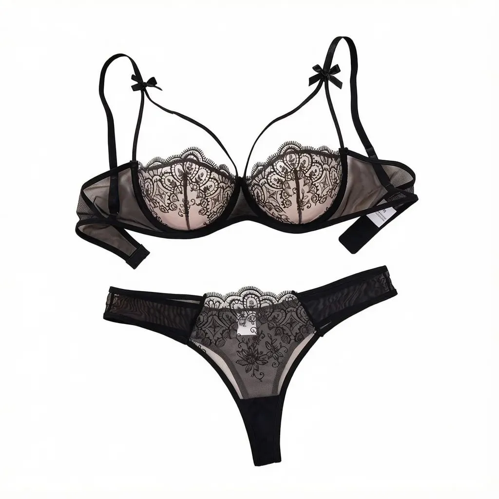 Women Elegant Black Embroidery Lingerie Set Sheer Mesh Underwire Bra T‑back Panty Bow Decor Intimate Wear ZA824057 — image 1