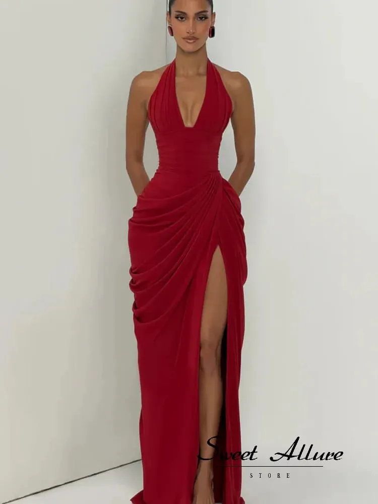 Gaun Halter Berlipat Solid Fashion Wanita Gaun Maxi Belah Punggung Terbuka Tanpa Lengan Cinch Pinggang 2026 Gaun Pesta Wanita Musim Panas Seksi