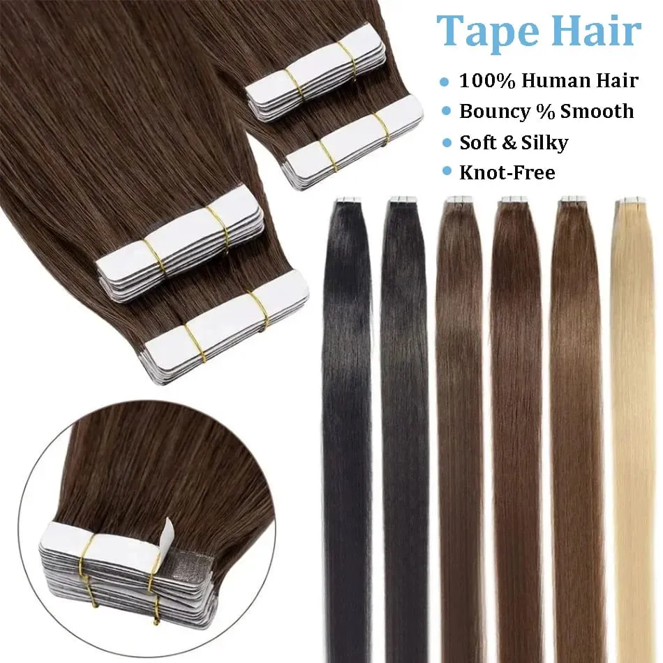 Straight Tape In Hair Extensions 100% Human Hair Blonde Brown Double Sided Adhesive Tape In Hair Natural Seamless Skin Weft — image 3