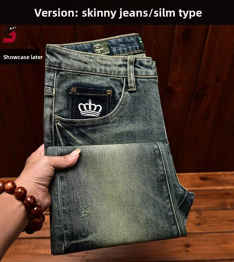2026 Retro Nostalgic Jeans Men's Embroidered Print Spring and Autumn Men's Clothing Elastic Slimming Small Foot Trendy Pants — image 8