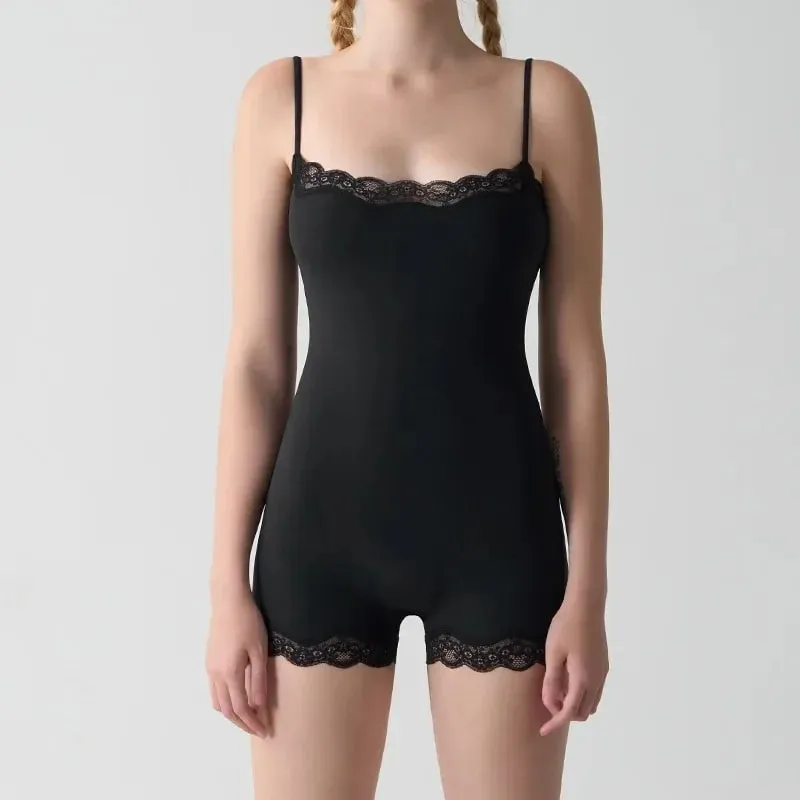 Square Neck Spaghetti Strap Bodysuits Lace Trim Women Sleeveless Slimming Bodycon Jumpsuit Romper — image 4
