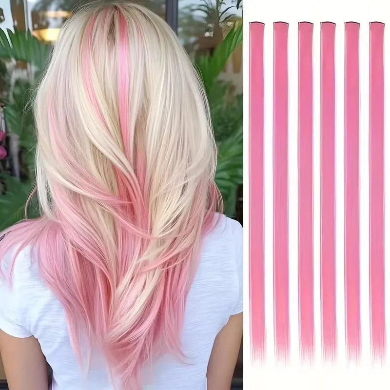 22Inch Synthetic 6pcs Long Straight Hair Extension Colored Rainbow High-Temperature Fiber Hairpiece for Women Daily Party Use