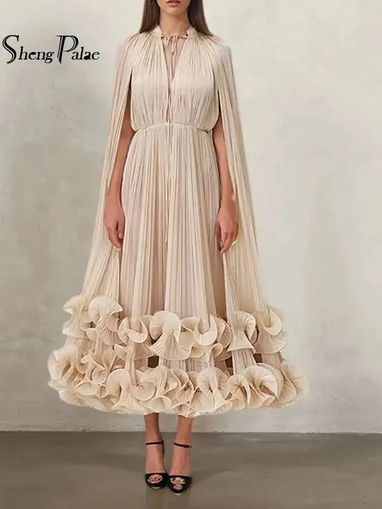 Commuting Style V-neck Cape Style Black Fungus Edge Double-layer Hem Dresses For Women 2026 Autumn New — image 2