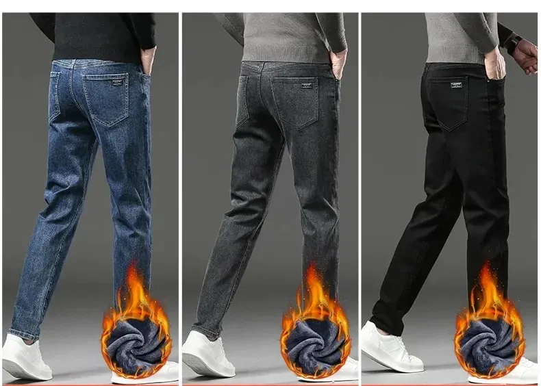2027 New In Slim Straight Elastic Denim Winter Fleece Thick Warm Jeans Men's Pants Casual Male Clothing Fashion Plush Trousers — image 8