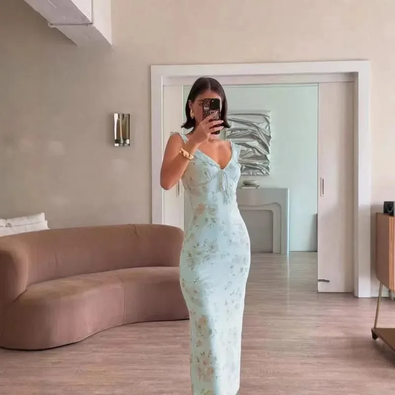FL New Summer Flower Printed Women's Sexy Low-cut Dress Sleeveless Backless Slim Sling Dresses 2025 Beach Vacation Lady Vestidos — image 3