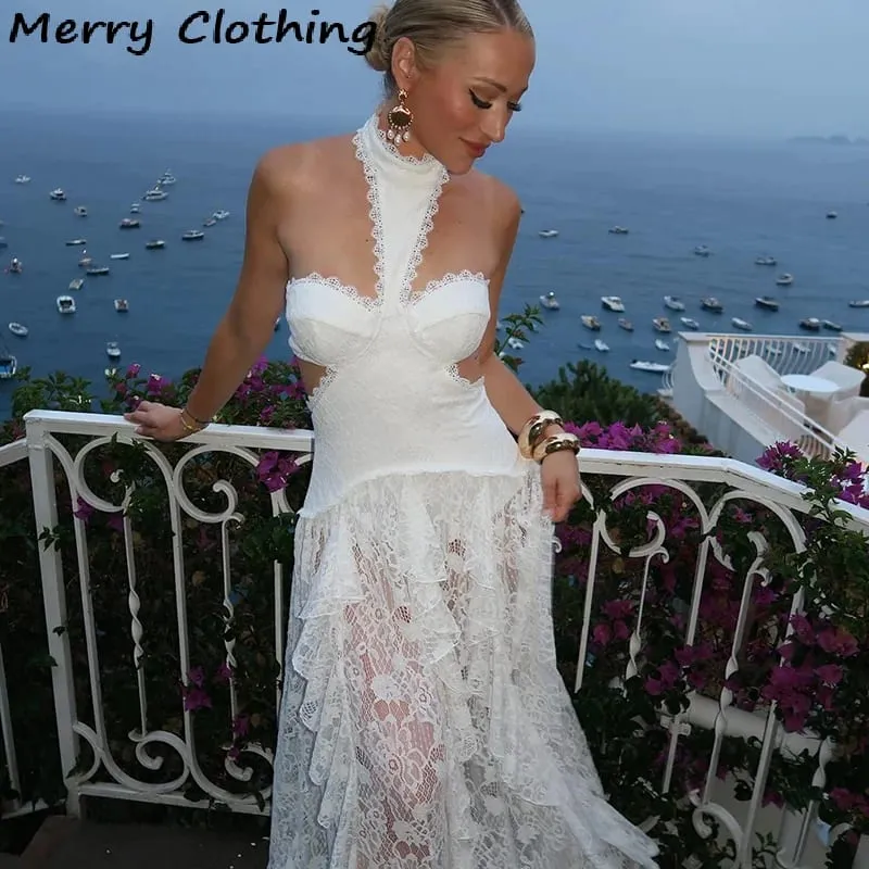 Sexy Lace Patchwork Dress Women Hollow Out Sleeveless Party Club Long Skirt See Through Halter Evening Gown Vacation Lady Robes — image 2