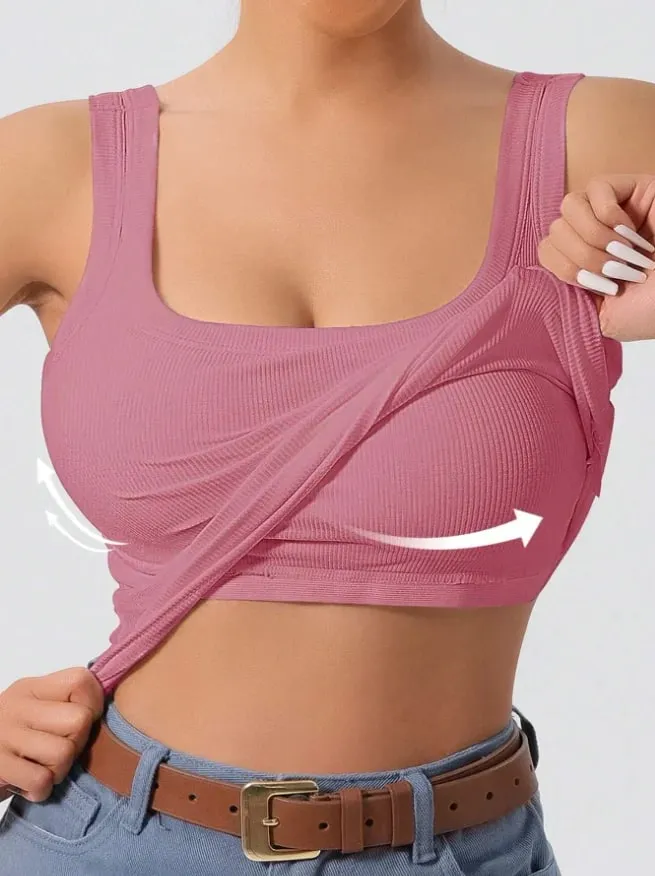 2026 Summer Women's Western-style One-piece Built-in Bra Ribbed Square Neck Slimming Versatile Outerwear Base Layer Tank — image 13