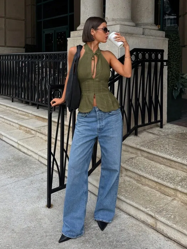 Woman Halter Neck Backless Fitted Crop Top Sleeveless Summer Street Stand Collar Slim Solid Color Tie Front Waist Fitted Top — image 3