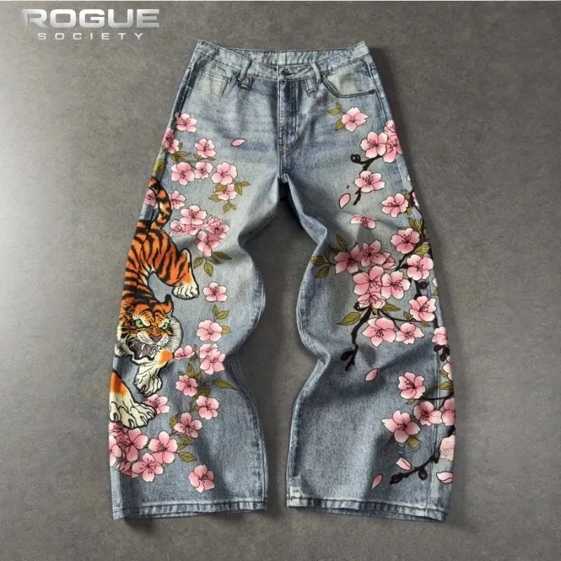 Japanese Tiger Sakura Men Jeans Summer Y2K Wide Leg Denim Pants Streetwear Hip Hop Retro Harajuku Loose Vintage Trousers Unisex — image 3