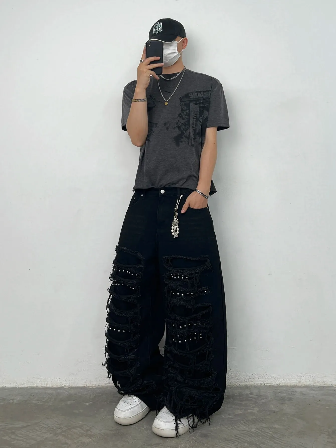 American High Street Double-Layer Patch Ripped Studded Design Black Men's Loose Jeans Y2K Street Hip-Hop Fashion Wide-Leg Pants — image 9