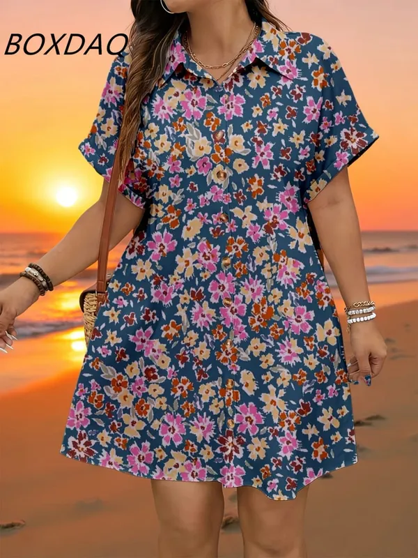 Short Sleeve Flower Pattern Fashion Women Mini Dresses Summer 3D Printed Street Elegant Casual Ladies Shirt Dress Plus Size 3XL — image 9