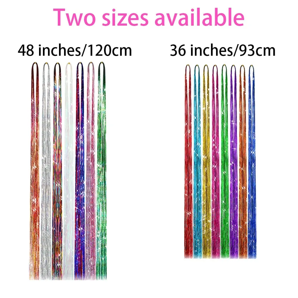 Rainbow Colored Sparkle Synthetic Hair Tinsel 36/48 Inch Girls Headwear Laser False Hair Extensions Glitter Decor Strands — image 4