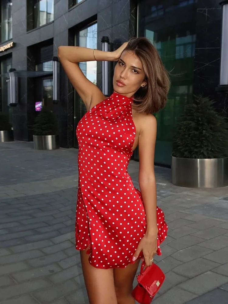 Polka Dot Elegant Off Shoulder Sleeveless Backless High Waist Halter Mini Dress Y2K Summer Fashion Club Party Vestidos — image 4