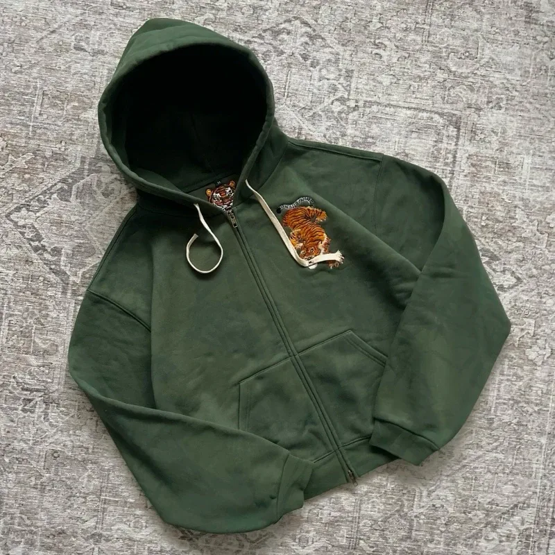 Y2k Men Women Casual Tiger Embroidery Hoodie Oversized Zip Up Sweatshirts Long Sleeve With Kangaroo Pocket Olive Green Clothes — image 5
