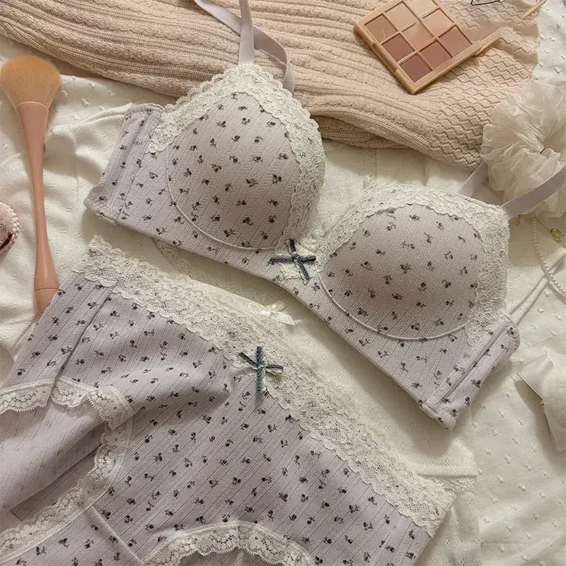 Sexy Lace Floral Bra Set Comfortable Non-steel Ring Beauty Back Small Breasts Gathered Up Support Anti-sagging Teenage Bra Set