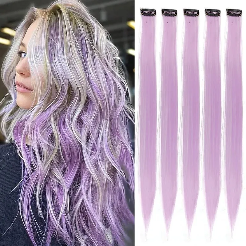 5 Pieces of Colorful Hair Clips 24 Inch Long Straight Fake Hair Clips Combined for Christmas Fashion Wig Pieces — image 11