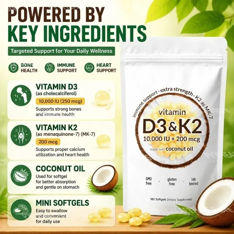 Vitamin D3 K2 Softgels with MK-7 and Coconut Oil 10 000 IU + 200 Mcg Adult Bone and Immune Wellness Support 180 Mini Softgels — image 2