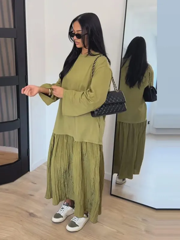 Short Sleeve Patchwork Oversized Long Dress Women Elegant O-neck Pleated Loose Party Evening Dresses Summer Casual Lady Vestidos — image 7