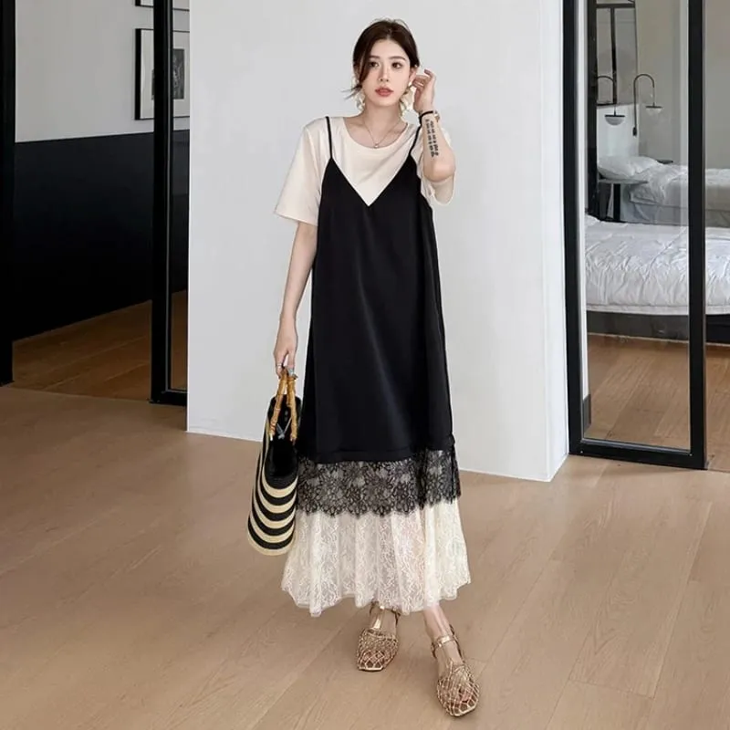 New 2026 Summer Women's Dresses Loose Plus Size Patchwork Lace Vestidos Fake Two Piece Female T-Shirt Dress Robe KE6690 — image 4