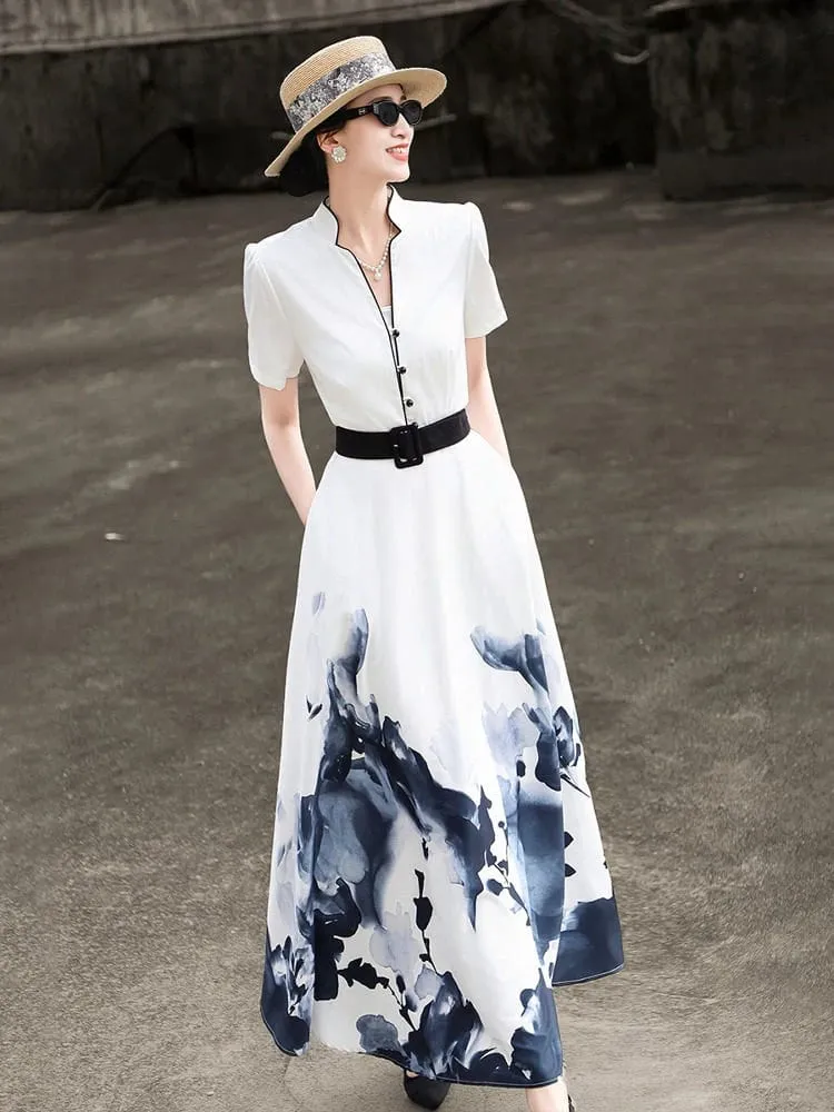 2026 Summer New Chinese Style Ink Painting Print Waist Cinched Swing Dress — image 4