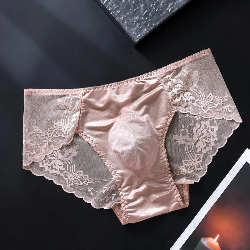 Pánské krajkové kalhotky bezešvé ledové hedvábné kalhotky spodní prádlo 3D vyboulený váček s nízkým pasem gay kalhotky — image 12