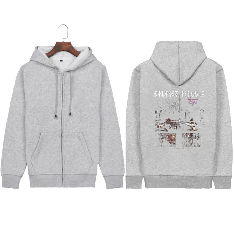 Anime Silent Hill 2 Pattern Print Graphic Zipper Hoodies Oversized Jacket Coat Sweatshirt Long Sleeves Cotton Men Women Clothing
