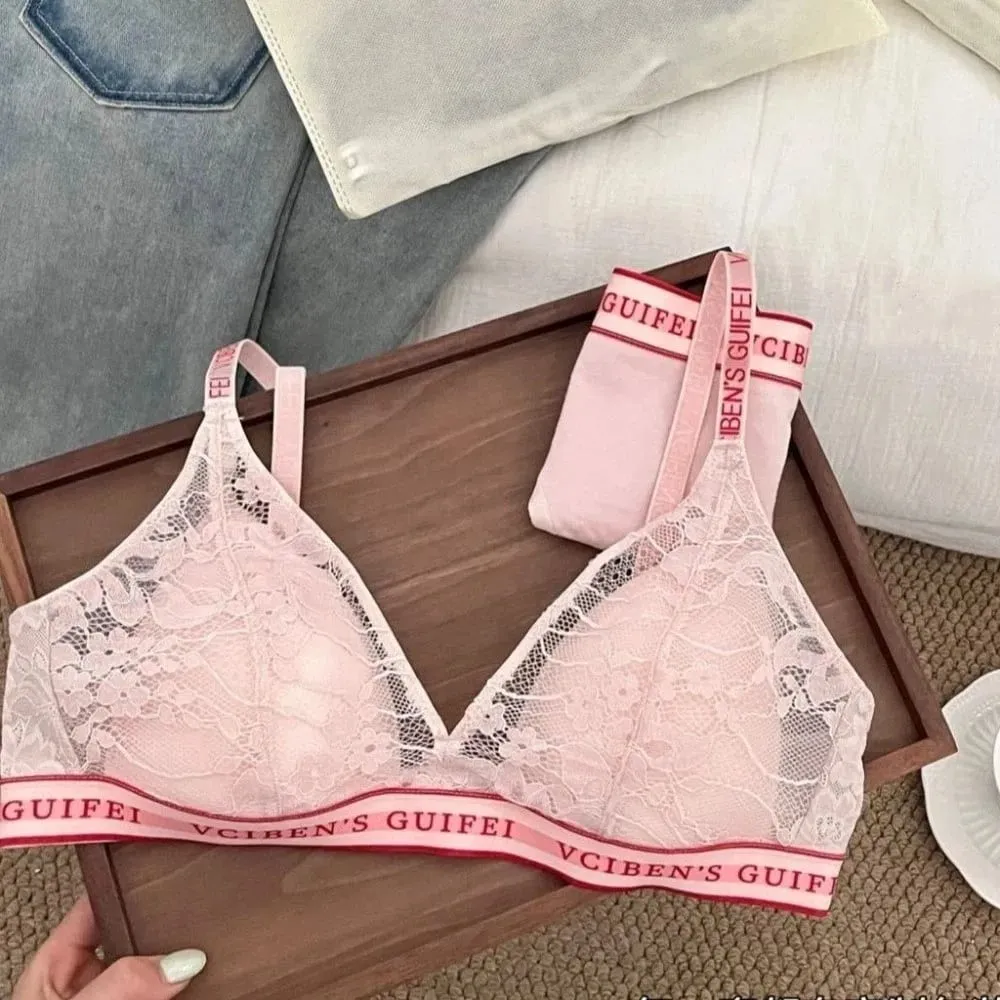 Set Lingerie Desain Huruf Nyaman Pakaian Dalam Wanita Nirkabel V Dalam Setelan Celana Dalam Bra Pemblokir Warna Renda Set Anak Perempuan — image 5