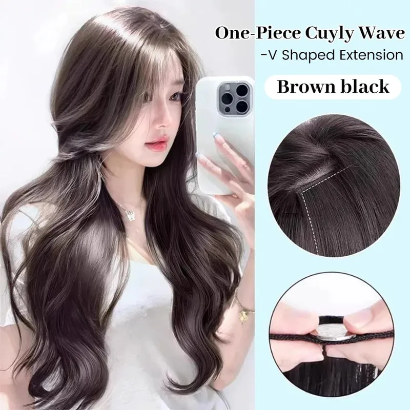 20Inch Synthetic Long Curly Wavy Layered V-Shaped Clip-in Hair Extension 4 Clip Heat Resistant Hairpiece for Women Daily Party — image 10