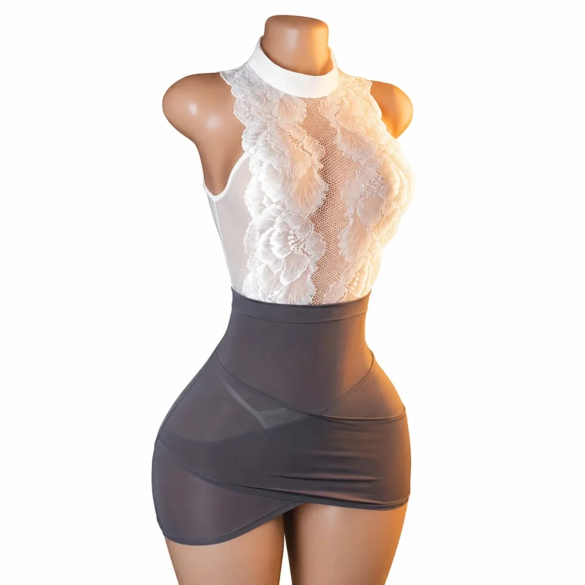 Women Lace Lingerie Dress Set Halter Neck Floral Mesh Bodycon Mini Dress with Panties Elegant Secretary Role Play Costume — image 2