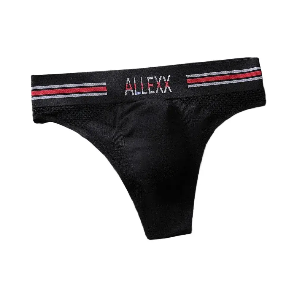 1pc Men's G-String Underwear 3D Bulge Pouch Striped Letter Printing Briefs Elastic Mesh Breathable Comfortable Thongs