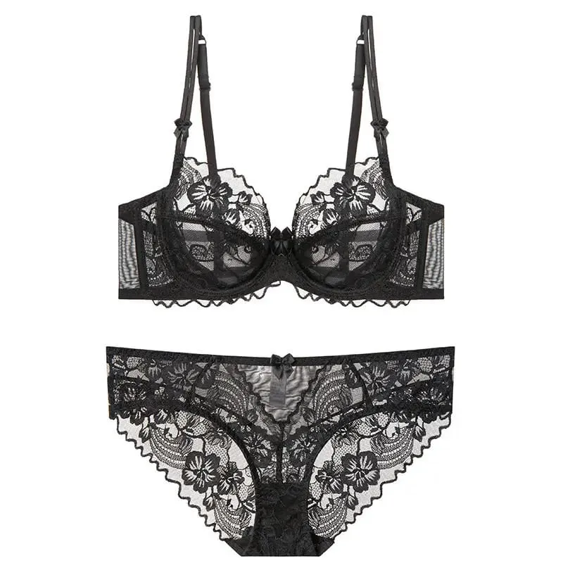 Everyday Lace Lingerie Ultra-thin Breathable Upper Support Anti-sag No Sponge Transparent Bra Set ladies Basic Underwear S-XL — image 8