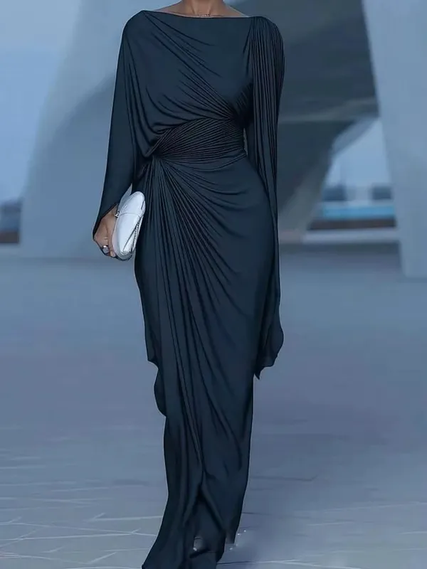 Sexy Slash Collar Pleat Slim Evening Dress Elegant High Waist Solid Color Banquet Dress Lady Leisure Irregular Long Sleeve Dress