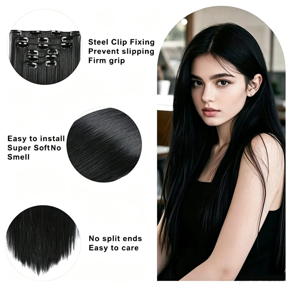 Black Hair Extensions 6pcs/set Women Long Straight Synthetic Full Head Clip 16Clips Ombre Heat Resistant Fiber Hair Kpop Cosplay — image 5