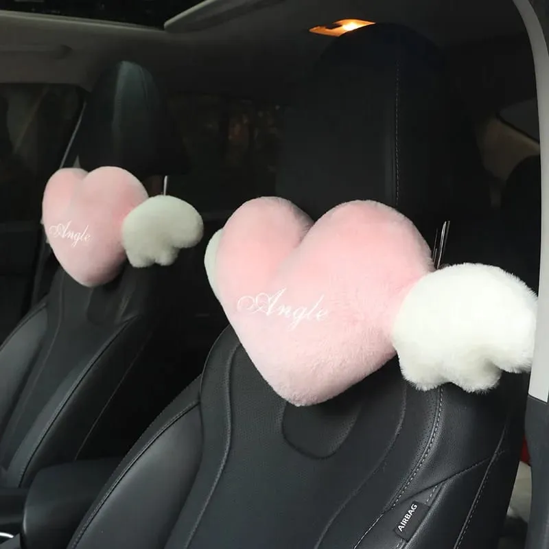 28x58cm 2Pcs Cute Heart‑Shaped Car Headrest Pillow With Angel Wings Soft Plush Auto Neck Support Cushion Car Seat Head Pillow