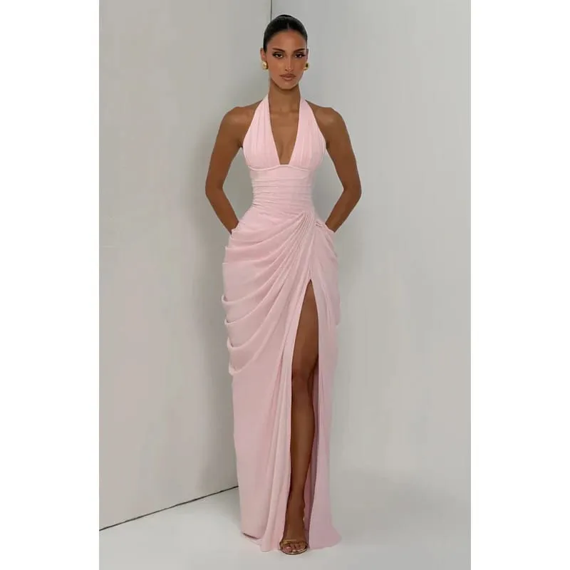 Gaun Halter Berlipat Solid Fashion Wanita Gaun Maxi Belah Punggung Terbuka Tanpa Lengan Cinch Pinggang 2026 Gaun Pesta Wanita Musim Panas Seksi