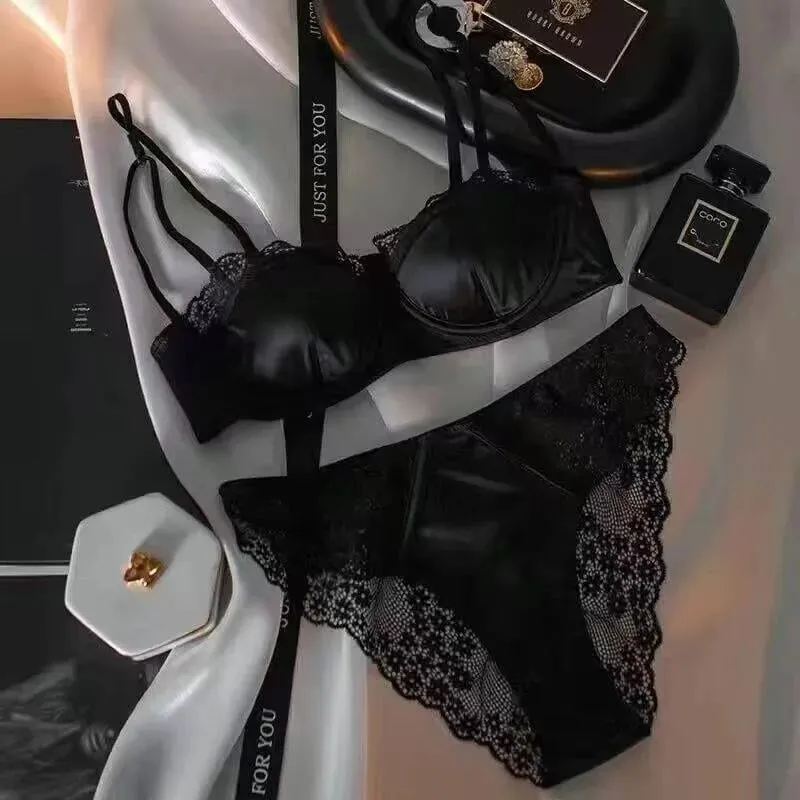 European -American sexy satin half cup comfortable upper support underwear set thin with steel ring green lace edge glossy bra — image 9
