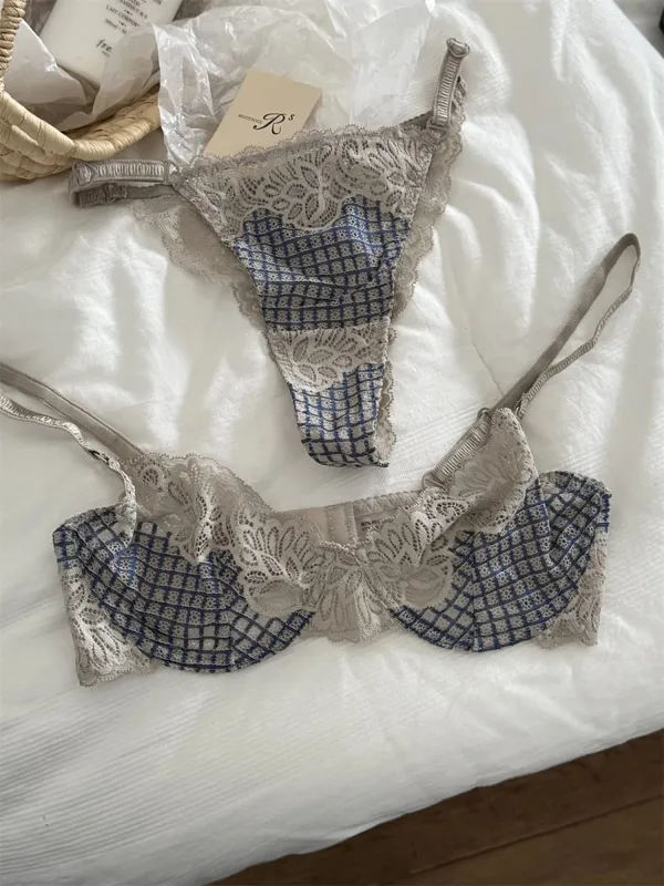 Bra lattice embroidery mesh underwear women small fresh top lingerie with panties support large breasts show small bra set