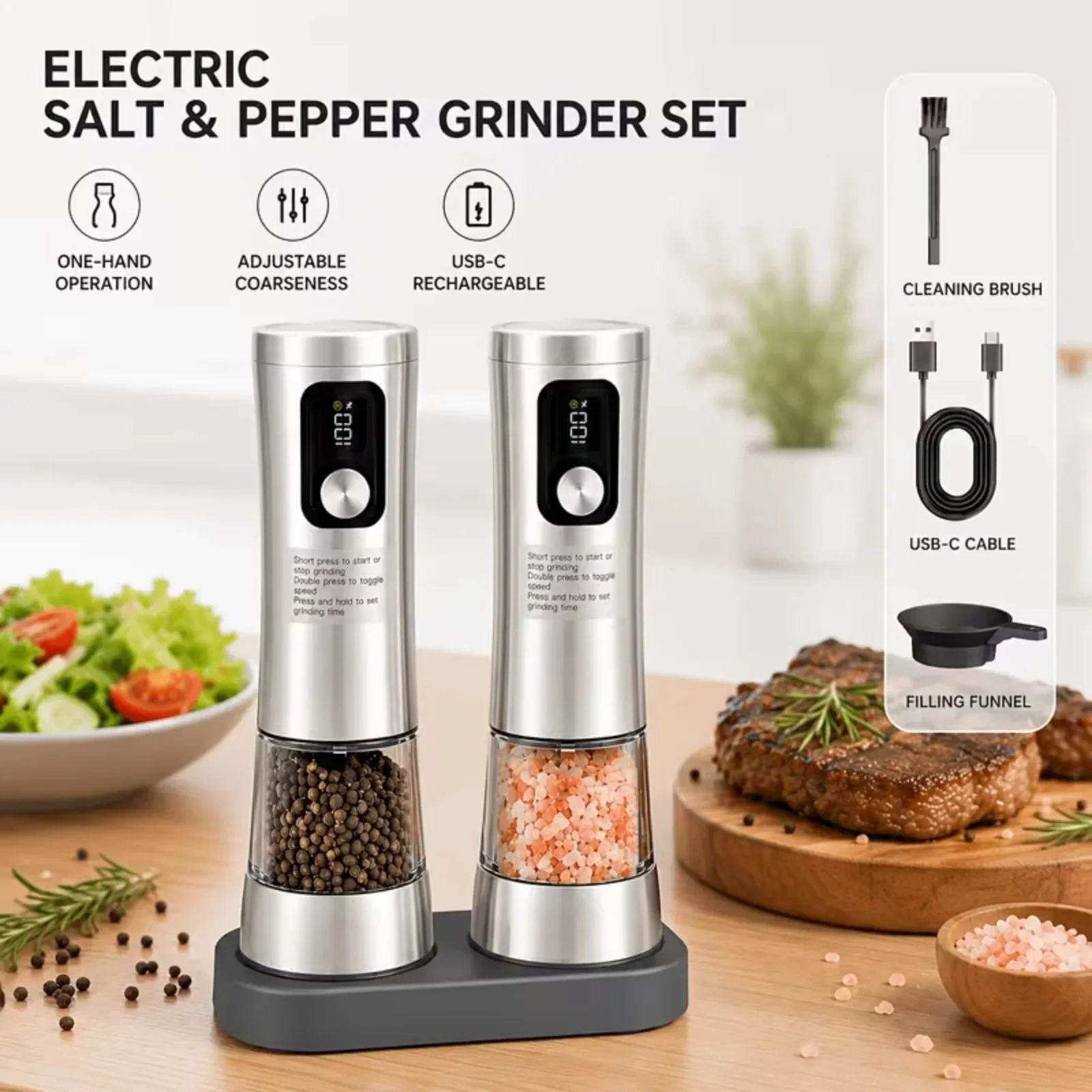 Electric Salt And Pepper Grinder Set Dual-Speed Adjustment Stainless Steel Rechargeable Automatic Pepper Grinder Jar With USB Charging Base Large 3.38 Ounce Capacity External Adjustable Coarseness LED Light. — image 8