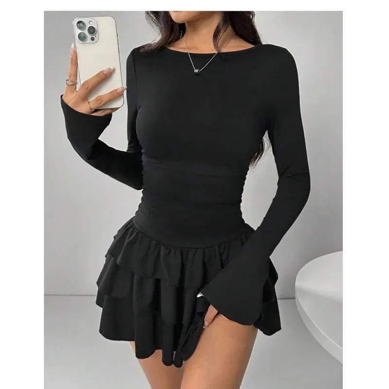 Temperament Dresses 2025 Woman Mini vestidos Simple Style Elegant French Bodycon Slim Pleated Fashion Long Sleeve Commuting Sexy