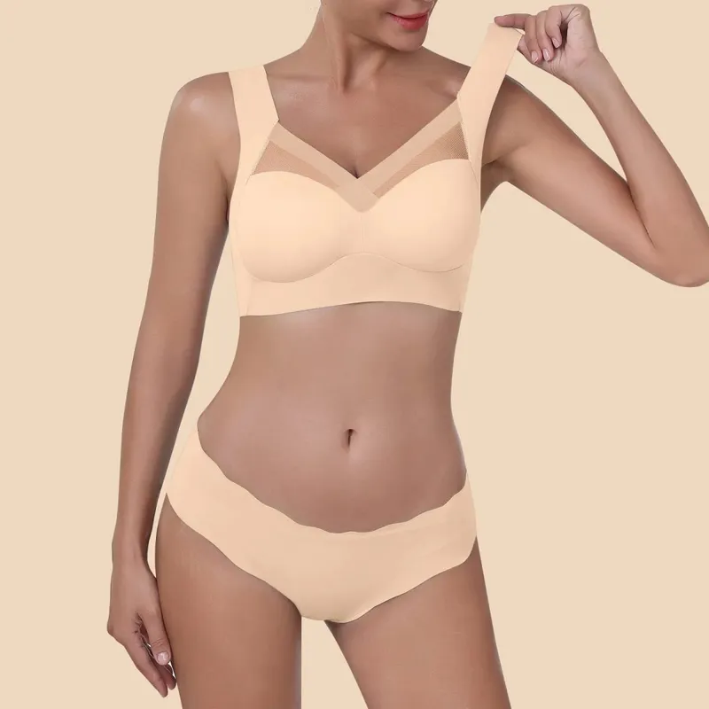 Women Seamless Underwear Set Wireless Ice Silk Thin Back Beauty T Shirt Bra And Smooth Panty Set Solid Color Lingerie Suits — image 9