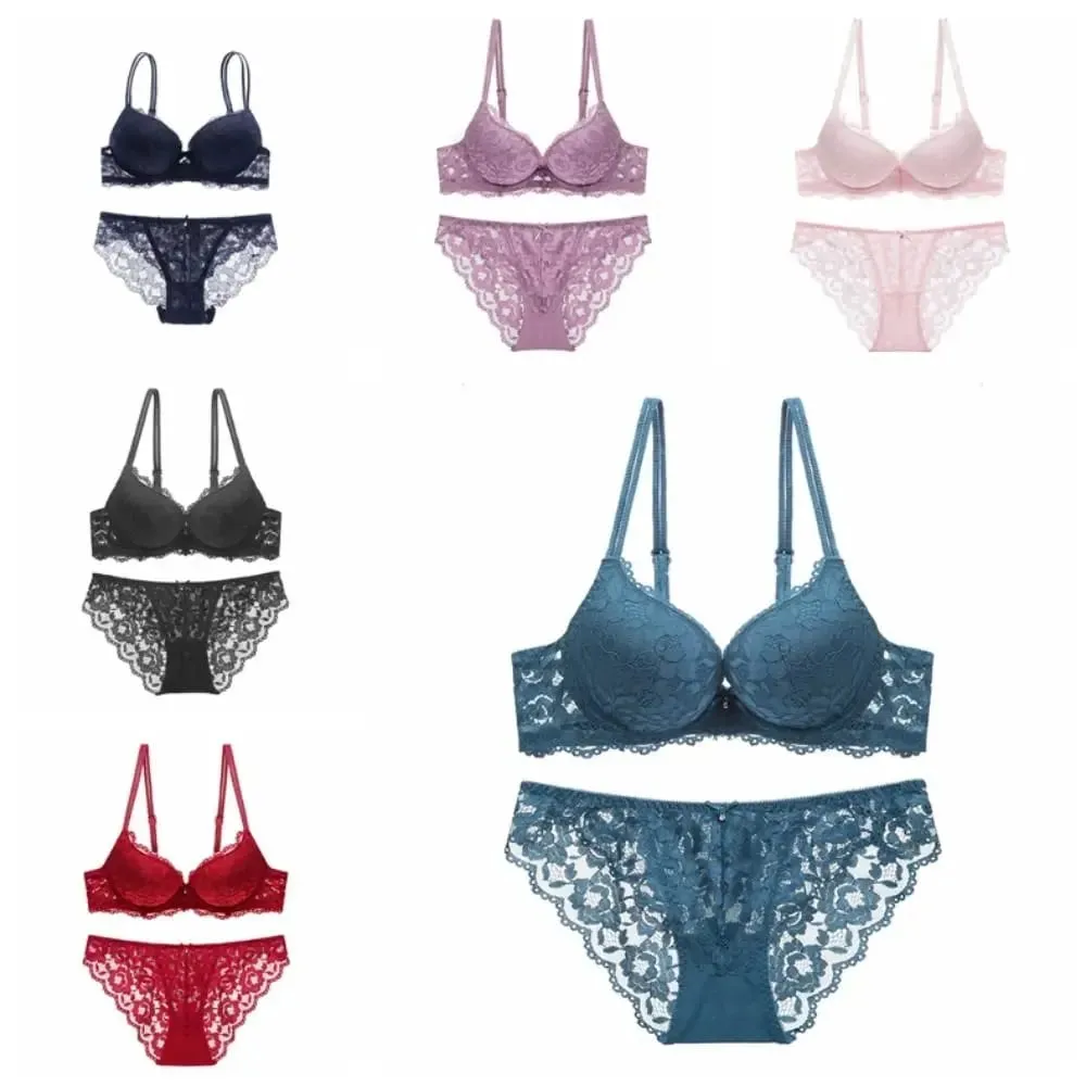 Sweet Mesh Lace Flower Bra Bowknot Non Slip Push Up Bra Women Lingerie Low Waist Seamless Underwear Set Summer — image 4