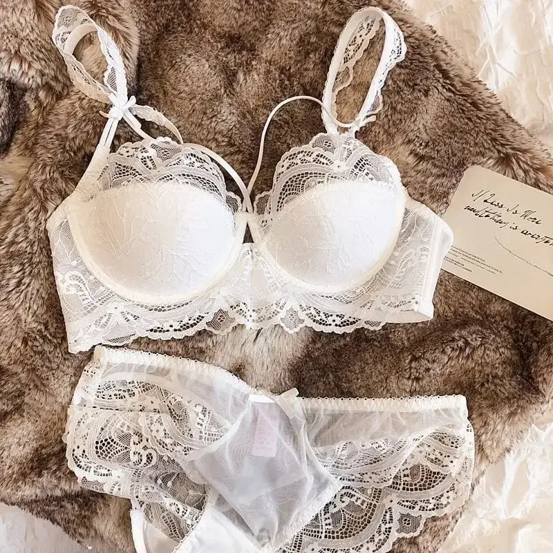 French Pure Lace Bralette Petite Bralet Set Košíčky AABB s odnímatelnými ramínky a tenkými vycpávkami Push Up Měkká kostice Sexy Dámské — image 2