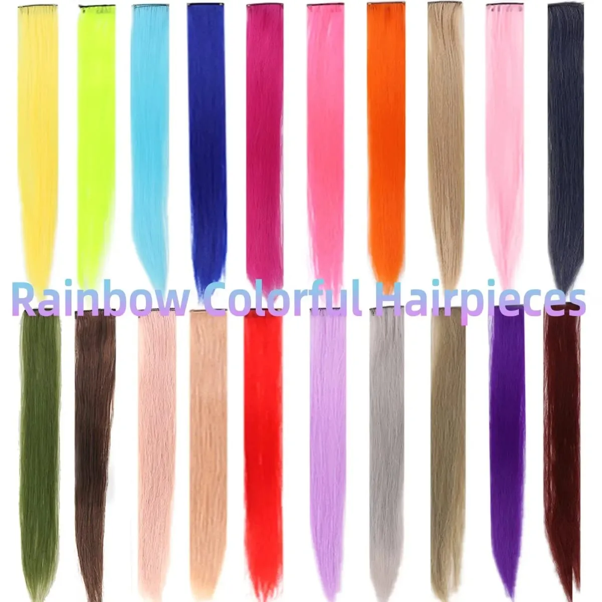 2026 Colored Highlight Hair Extensions 22 Inch Synthetic Rainbow Long Straight Hairpieces Purple Pink Blue for Women Girls Kids — image 2