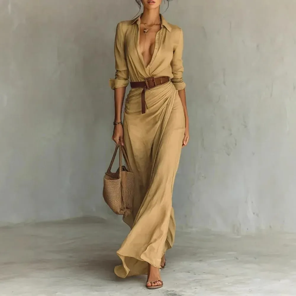 2025 New Autumn Woman Sexy Deep V Neck Hollow Long Dress Elegant Solid Belted Irregular Party Long Sleeve Slim Casual Dresses — image 2