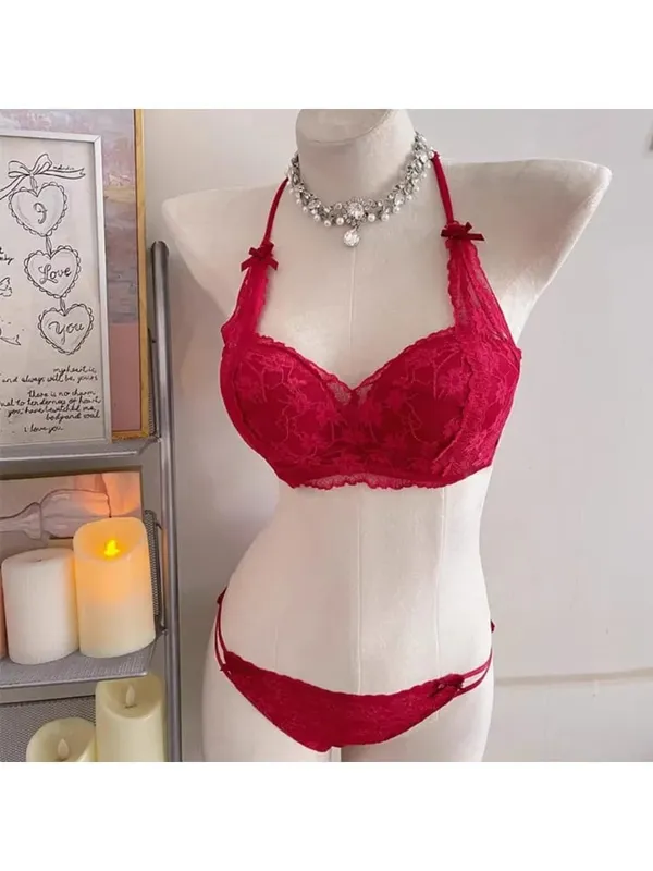 Sweet Halter Neck Bow Lace Wireless Bra Padded Push‑up Brassiere Ladies Layering Intimate Lingerie for Small Bust Size 32‑38 ABC — image 12