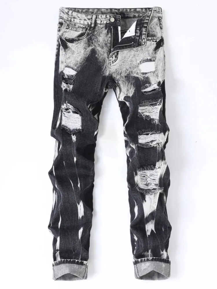 New Patchwork Ripped Jeans Men's Slim Fit Moto Biker Fashion Denim Trousers Vintage High Street Black Casual Pants Street Wear — image 8