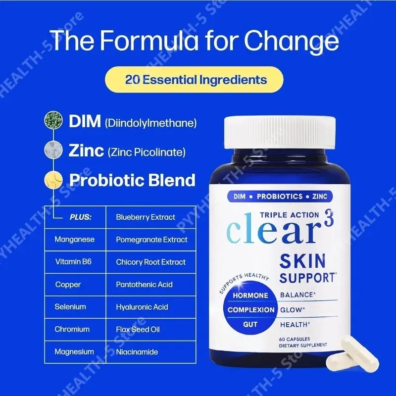 Clear³ Skin Support Supplement with DIM Probiotics & Zinc – Healthy Skin & Gut Nutritional Support 60 Capsules